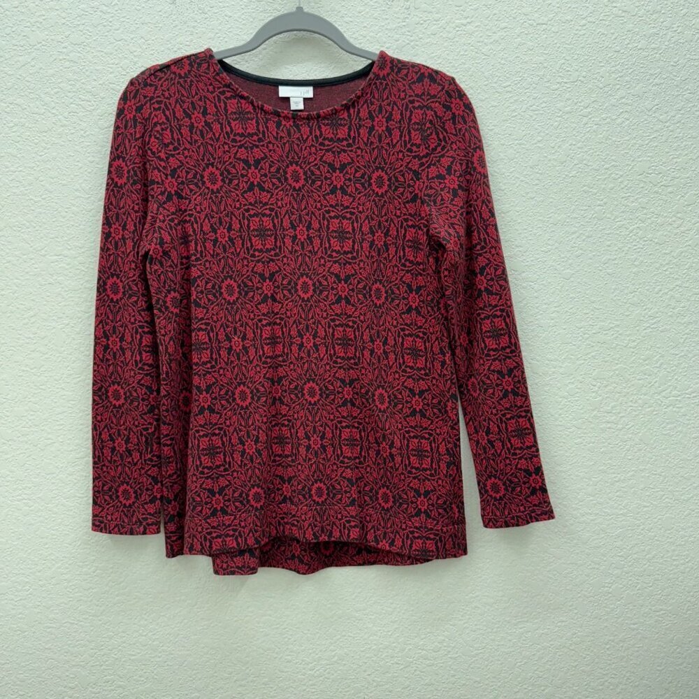 J Jill Red Black Floral Knit Long Sleeve Hi Lo Pullover Shirt Top Womens size XS